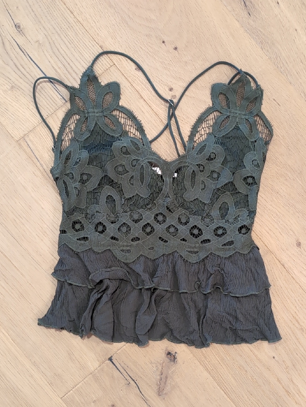 mi ami Olive Green Crochet Lace Ruffled Cami Top